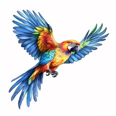 Obraz premium Realistic digital illustration of a magnificent macaw in flight, showcasing intricate details of its colorful feathers, a powerful and graceful pose.