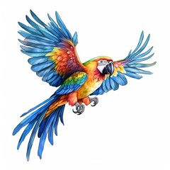 A beautiful digital illustration of a macaw in mid-flight, capturing its detailed, multi-colored plumage and powerful wings on a clean white background.