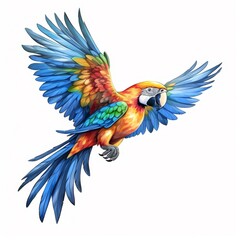 Fototapeta premium Professional-quality digital artwork of a blue and gold macaw in flight, with meticulously rendered feathers and a strong, elegant posture, on a white backdrop.