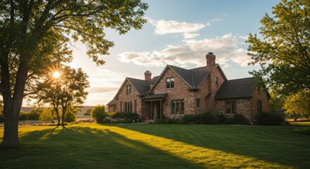 Obraz premium Charming Brick House with Large Green Lawn at Sunset