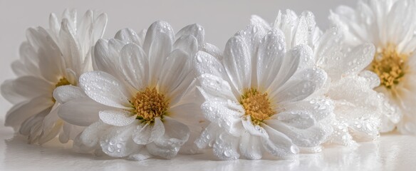 The daisies with water droplets under soft studio lighting in a closeup composition