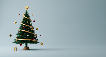 Minimalist Christmas Tree with Gold and Red Ornaments, Gift Box, and Copy Space on Blue Background.