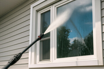 Close-up of a pressure washer cleaning a house window and vinyl siding. Powerful water jet, home exterior maintenance, spring cleaning, professional power washing service concept, copy space.