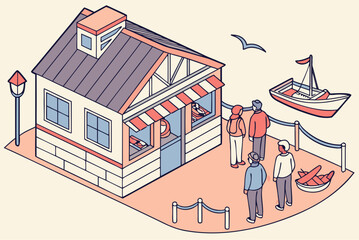 crowded seafood shack in portsmouth with a sign for pre-ordering lobster rolls online