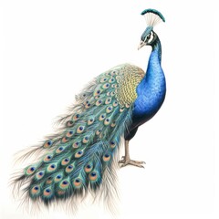 Obraz premium A full-body side view illustration of a magnificent peacock with its tail feathers gracefully trailing behind it, showcasing its rich blue and green plumage.