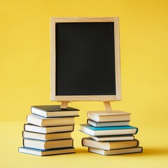 Fototapeta premium Books and a blank chalkboard on yellow background