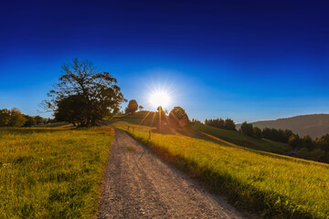 Górski krajobraz wśród wzgórz i bujnych zielonych pól, złota godzina, naturalne piękno, Beskidy, Cieńków, Polska © anettastar