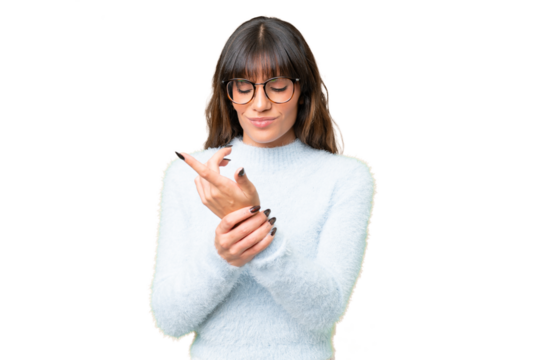 Young caucasian woman over isolated chroma key background suffering from pain in hands - Powered by Adobe