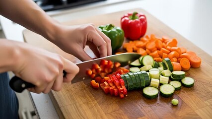 Close up of a woman chopping fresh colorful vegetables on a wooden cutting board in the kitchen - Powered by Adobe