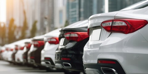 Obraz premium The cars lined up in a sleek row of modern sedans on an urban street