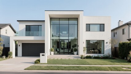 Fototapeta premium Modern White House with Large Glass Windows and Front Garden