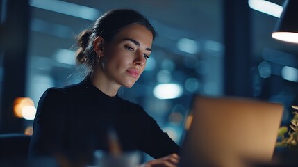A focused woman deeply engrossed in her work illuminated by her laptop screen in a dimly lit office