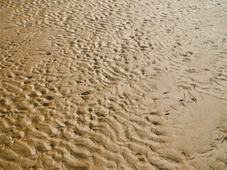 The sand is brown and has a lot of texture. It looks like it has been disturbed by the wind