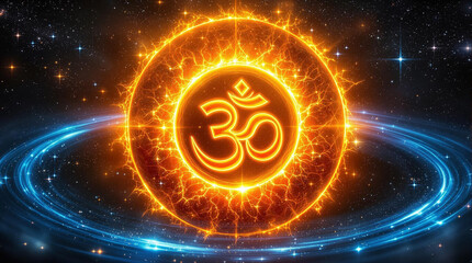 An ethereal Om symbol radiating divine energy in a cosmic nebula with a ring of electric blue light