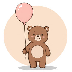 Obraz premium Cute Brown Teddy Bear Holding Pink Balloon Cartoon Illustration