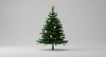Festive Minimalist Christmas Tree with Rose Gold Ornaments and Golden Star Against a Clean Grey Background.