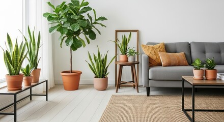 Bright Living Room with Fiddle Leaf Fig, Snake Plants, and Gray Sofa with Textured Pillows