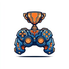 Trophy rests on a modern game controller in vivid blue and orange shades
