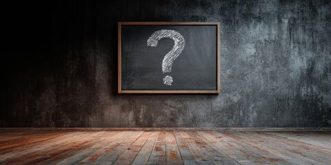 The Chalkboard with Large Question Mark on Moody Wall Above Wooden Floor