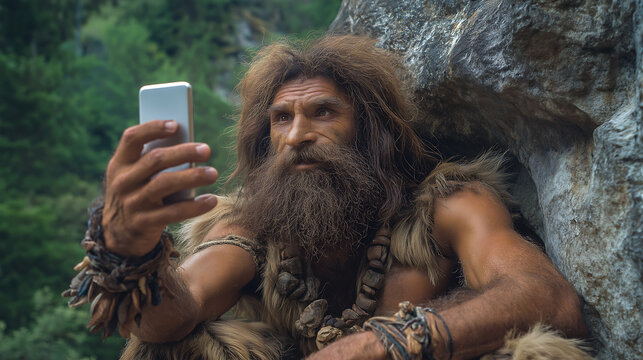 A prehistoric caveman using smartphone taking a photo at outdoors. Technological strides made since ancient times
