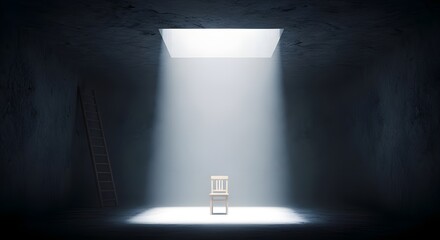 A lonely chair sits in a dark room illuminated by a bright shaft of light coming from above