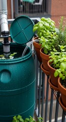 DIY rainwater harvesting setup with a balcony barrel and diverter collecting water from an apartment downspout for reuse in plants
