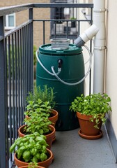 DIY rainwater harvesting setup with a balcony barrel and diverter collecting water from an apartment downspout for reuse in plants