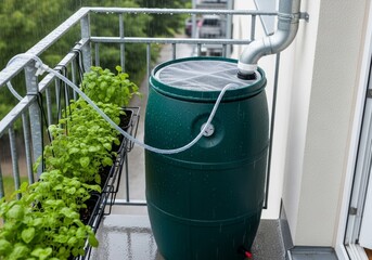 DIY rainwater harvesting setup with a balcony barrel and diverter collecting water from an apartment downspout for reuse in plants