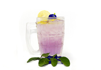 Butterfly Pea juice or Purple Butterfly Pea flower tea mixed with lemon juice on white background.