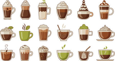 A vibrant collection of assorted hot beverages, featuring coffee and tea drinks with decorative toppings.
