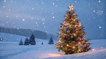 Obraz premium A christmas tree stands in a snowy field with lights and ornaments while snow falls gently around it