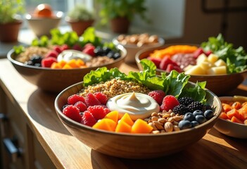 vibrant overloaded bowls seasonal superfoods filled colorful fruits quinoa nuts seeds greens nutrient rich wholesome ingredients, vegetable, herb, berry