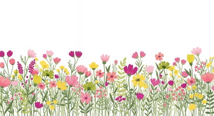 Fototapeta premium Wildflower Meadow Border Floral Arrangement Spring Summer Nature Background Stock Photo
