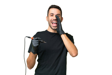 Tattoo artist caucasian man over isolated background shouting with mouth wide open