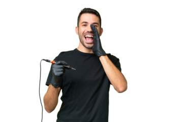 Tattoo artist caucasian man over isolated background shouting with mouth wide open