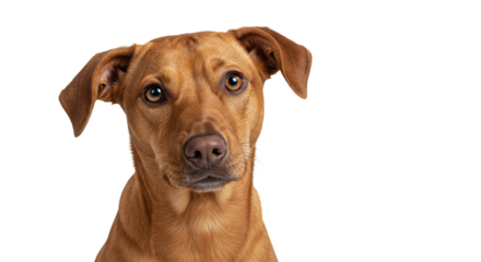 Young brown domestic dog with large floppy ears and light brown eyes, head tilted curiously, on a transparent seamless studio background with negative space, high-key commercial portrait concept