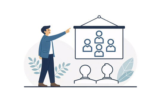 Business professional presenting organizational chart to team members during corporate training session, isolated on a transparent background
