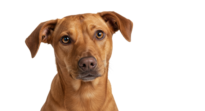 Young brown domestic dog with large floppy ears and light brown eyes, head tilted curiously, on a transparent seamless studio background with negative space, high-key commercial portrait concept