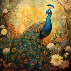 Fototapeta premium A graceful peacock in a whimsical garden, its long, flowing tail feathers creating a beautiful, intricate pattern against a sun-kissed background with blossoming white and yellow flowers.