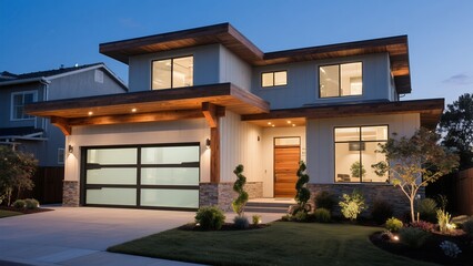 Modern Two-story House with Large Glass Windows and Wooden Accents in Evening Lighting