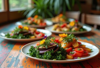 vibrant plant based dishes colorful tabletop food culinary art fresh organic vegan cuisine, vegetable, fruit, plate, ingredients, meal, dining, design, chef