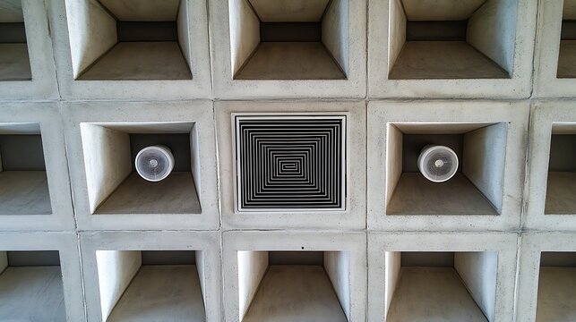 A geometric ceiling with vents and light fixtures.