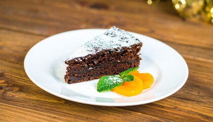 Chocolate cake slice on a plate, with candied fruit