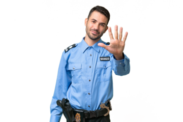 Young police caucasian man over isolated background counting five with fingers