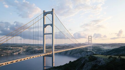 Obraz premium A stunning suspension bridge spans a river, surrounded by lush hills and a dramatic sky, showcasing architectural beauty and natural scenery.