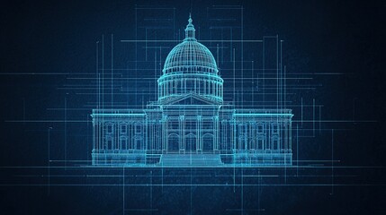A digital blueprint of a historic building featuring a prominent dome, with a futuristic design overlay in blue lines against a dark background.