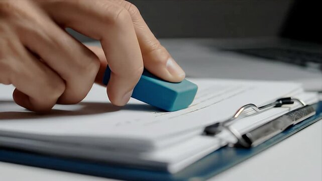 Close-up of a hand using a blue eraser to correct a written mistake on a document on a clipboard Perfect for illustrating editing revising and fixing errors 
