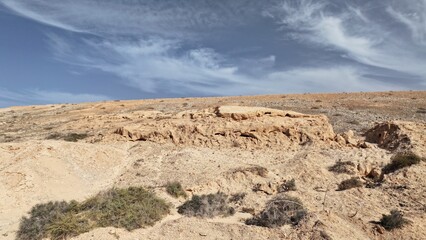 desert place where the scarce vegetation meets the mountains and the sand 