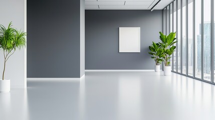 A modern, minimalistic interior space features large windows, plants, and a blank canvas on the wall, offering a serene atmosphere.
