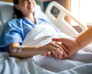 A caring hand holds a patients hand in a hospital bed, offering comfort and support during recovery